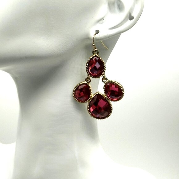 Pink Raspberry Faceted Glass Crystal Chandelier Drop Dangle Earrings - Picture 2 of 8